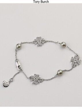 Tory Burch Silver Pearl & Crystal Cross Bracelet
